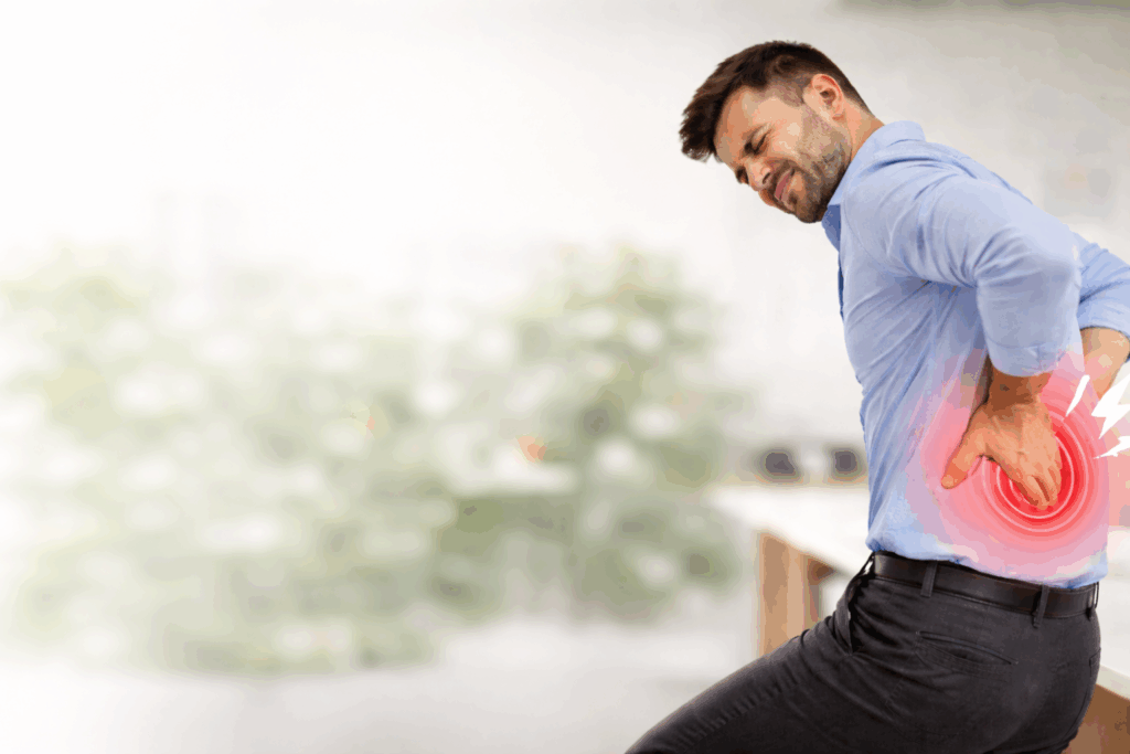 selkäkipu työpaikalla – mies pitää alaselästä kiinni toimistossa, kuva havainnollistaa työperäistä selkäkipua