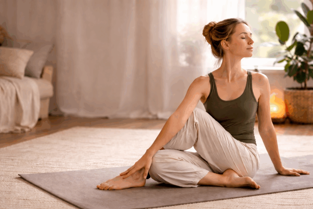 Lempeä jooga hermoston rauhoittamiseen – nainen istuma-asennossa kotona