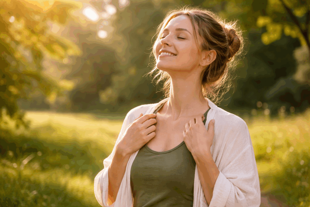 Hermoston palautuminen – nainen luonnossa rauhallisena ja elinvoimaisena