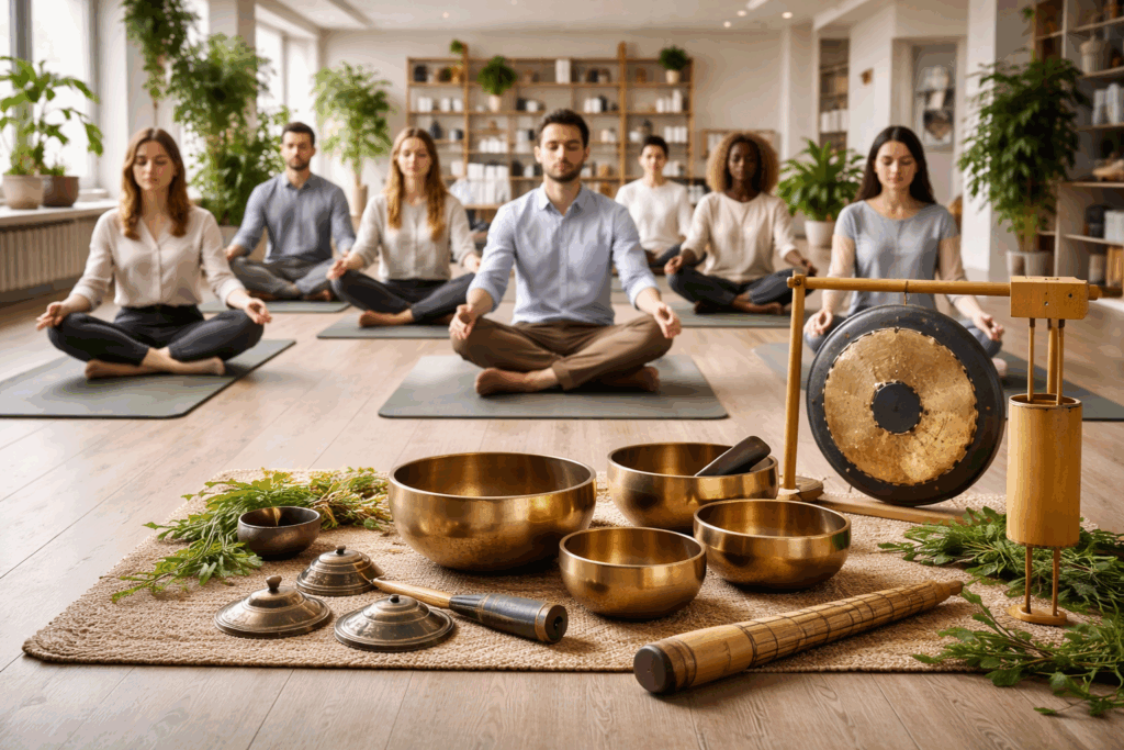 Sointukylpy työyhteisölle modernissa toimistossa – äänimaljarentoutus työhyvinvoinnin tukena