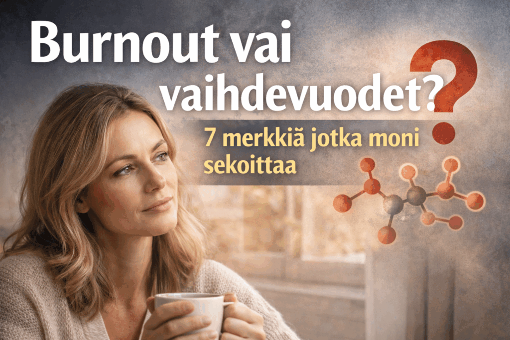 40 plus nainen pohtimassa burnoutia, hormoneja ja vaihdevuosioireita