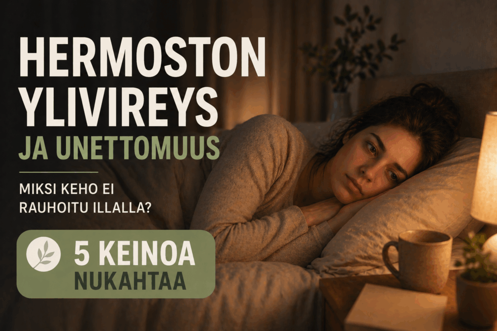 Hermoston ylivireys ja unettomuus featured kuva jossa nainen makaa hereillä sängyssä yöllä