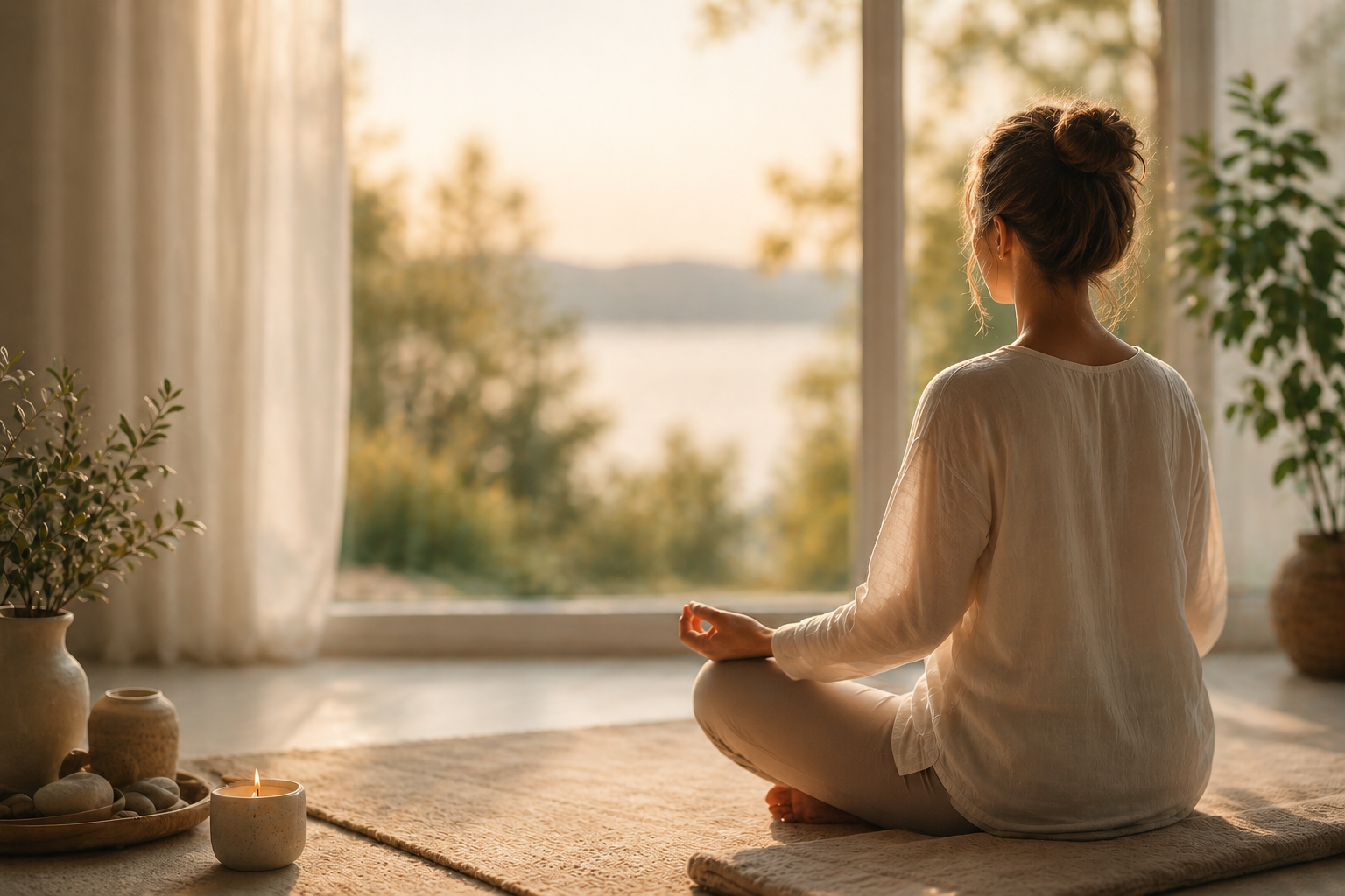 Rauhallinen meditaatiohetki ja tietoinen hengitys