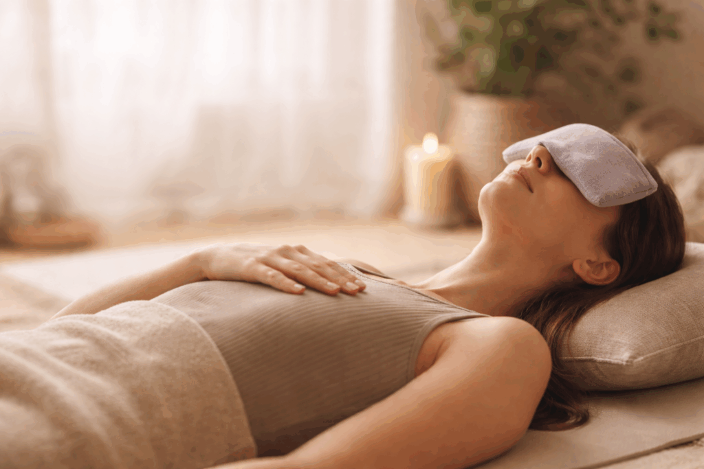 Nainen lepää joogamatolla silmälaput kasvoilla – hermoston rauhoittuminen ja palautuminen