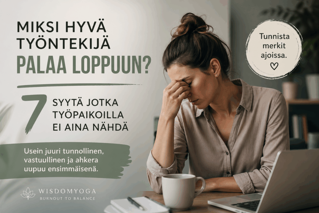 Väsynyt työntekijä työpöydän ääressä ja teksti miksi hyvä työntekijä palaa loppuun