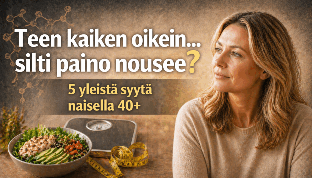 40+ nainen pohtii miksi paino nousee vaikka syö terveellisesti – stressi, hormonit ja painonhallinta