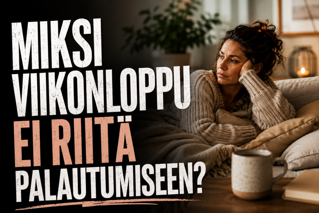 Miksi viikonloppu ei riitä palautumiseen? Mietteliäs nainen kotona viikonlopun aikana.