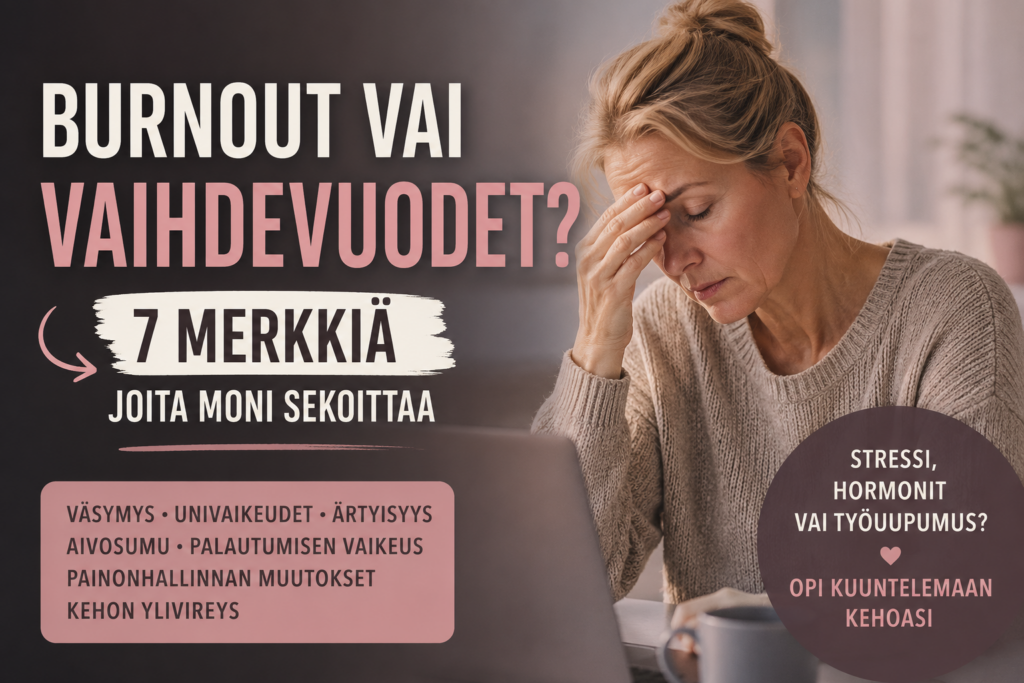 Burnout vai vaihdevuodet? Väsynyt 40+ nainen pohtii johtuuko väsymys, univaikeudet ja aivosumu stressistä, työuupumuksesta vai hormonaalisista muutoksista.